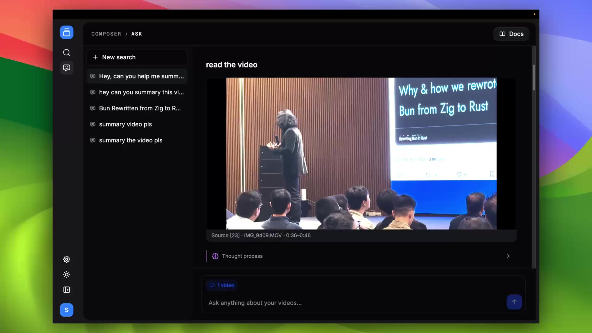Frame from the recorded AABW Composer demo showing the read-the-video view, a cited source clip, the agent thought-process panel, and the next prompt.